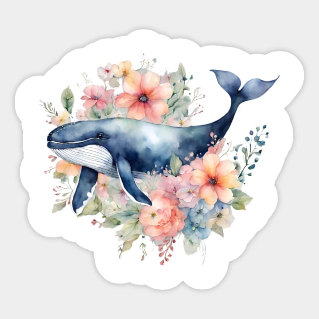 Whale with Tropical Flowers Sticker by Teresa's Store 1